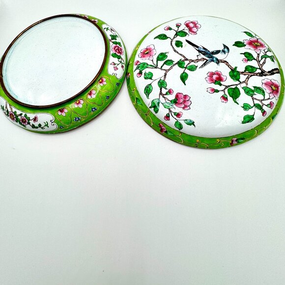 Vtg Hand-Painted Floral Enamel Trinket Box Birds & Blossoms 6" Diameter - Picture 10 of 16